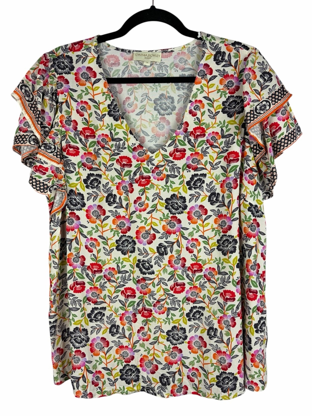Cynthia Rowley 1X Floral Rayon Ruffle Short Sleeve Blouse Boho